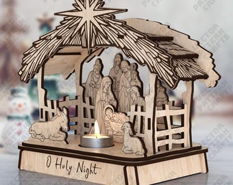 May include: A wooden nativity scene with a star on top, featuring figures of Mary, Joseph, and baby Jesus. A donkey, a lamb, and a lit candle are also present. The base reads "O Holy Night."