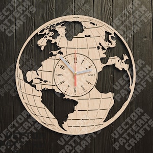 Drewniany zegar ścienny wycinany laserowo z mapą świata w formacie svg Glowforge dekoracyjny zegar ścienny w formacie svg cricut Zegar ścienny mapa w formacie dxf cnc wzór wektorowy