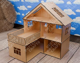 May include: A wooden dollhouse with a balcony, windows, and a sloped roof. The dollhouse is made of light-colored wood and has an open design, allowing for easy access to the interior. The dollhouse is a miniature version of a real house.