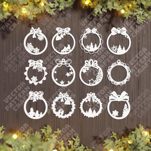 Lasergesneden kerst ornamenten boom ballen 12 bundel svg sjabloon Glowforge kerstboom ornamenten svg cricut kerstbal dxf vector