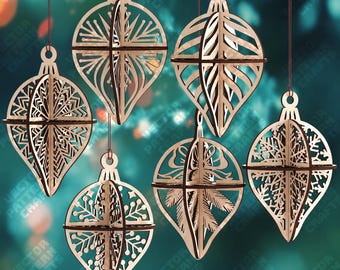 6 Teardrop Christmas Ornament Laser Cut SVG 3D Tree Snowflake Bauble