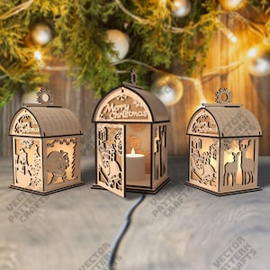 Christmas lantern laser cut svg file Glowforge Decorative Christmas candle holder svg template Christmas table lamp dxf Christmas laser file
