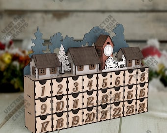 Advent calendar Christmas scene laser cut svg file Glowforge advent calendar svg Advent calendar dxf template Christmas laser