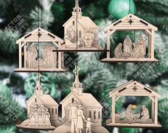 6つのキリスト降誕オーナメントレーザーカットSVG 3Dクリスマスシーンツリーオーナメント