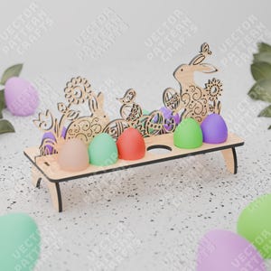 Soporte para huevos de conejito de Pascua, archivo cortado con láser svg, organizador de huevos de Pascua de madera Glowforge svg, plantilla de vector cnc dxf para huevos de Pascua