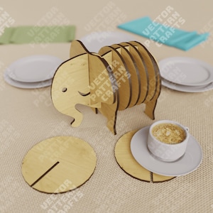 Suporte para porta-copos de elefante a laser arquivo de corte svg Conjunto de suporte para porta-copos de elefante Glowforge modelo svg Suporte para porta-copos dxf padrão vetorial cnc
