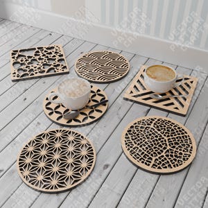 Drewniane okrągłe geometryczne podstawki zestaw laserowo wycinany plik svg Glowforge podstawki geometryczny zestaw svg cricut podstawki dxf cnc wektor wzór
