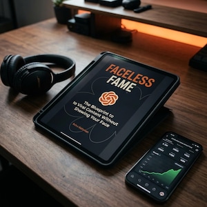 Könnte beinhalten: Ein Tablet mit dem E-Book-Cover "FACELESS FAME: The Blueprint to Viral Content Without Showing Your Face" von Riha Kelorian, daneben schwarze kabellose Kopfhörer und ein Smartphone mit einem grünen Analytik-Liniendiagramm.