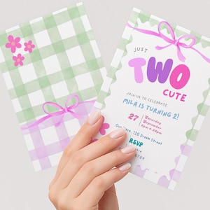 Two 2nd Birthday Invitation, Pink Gingham Girl Party, Editable Canva Template (5x7 Digital)