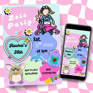 90er Jahre Nostalgie, Groovy Chick Geburtstagseinladung, Y2K Theme (Digitaler Download) 13x18cm