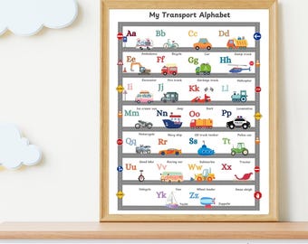 May include: A colourful alphabet chart featuring various modes of transport, such as a bicycle, car, dump truck, excavator, fire truck, garbage truck, helicopter, ice cream van, jeep, kart, locomotive, motorcycle, navy ship, oil tanker truck, police car, quad bike, racing car, submarine, tractor, unicycle, van, wheel loader, Xmas sleigh, yacht, and zeppelin. The chart is designed for children learning the alphabet.