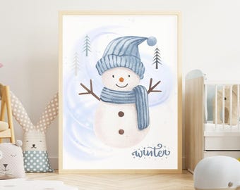Stampa pupazzo di neve invernale / Decorazione per cameretta dei bambini (file PDF)