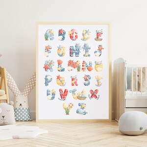 Nautical-Themed Alphabet Digital Wall Art | Sea Life Nursery Printable Decor | Beach-Themed ABC Poster for Kids Room