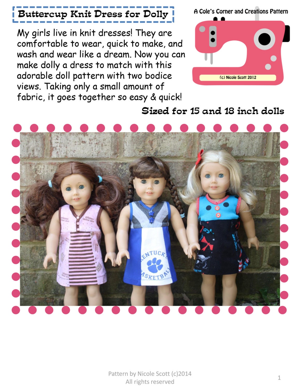 Dolly Adelyn. PDF downloadable sewing pattern for dolls American Girl  Wellie Wisher Bitty Baby 14, 15 & 18 inch.