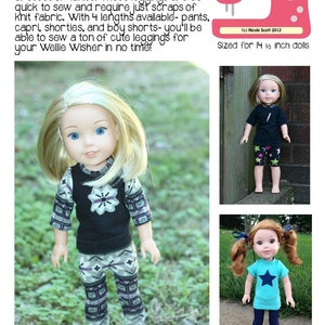 May include: A sewing pattern for making leggings for 14 1/2 inch dolls. The pattern includes instructions for four different lengths: trousers, capris, shorties, and boy shorts. The pattern is by Nicole Scott and is copyrighted 2016.