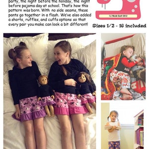 May include: A sewing pattern for children's pyjamas, featuring a pink sewing machine and the text "The Night Before PJ Pants". The pattern includes sizes 1/2 to 16. The image shows three children wearing the pyjamas, with two girls in pink and black pyjamas and a boy in blue and black pyjamas.