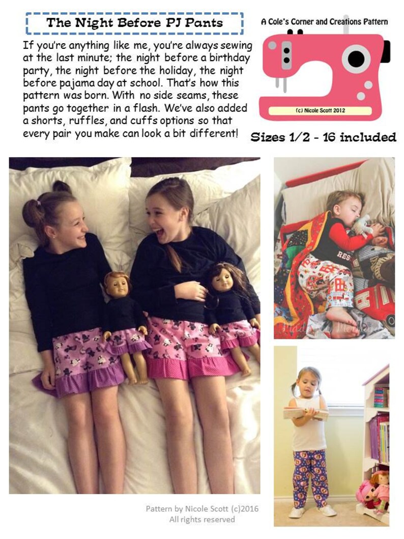 The Night Before PJ Pants and Shorts PDF sewing pattern Sizes 1/2-16 image 1