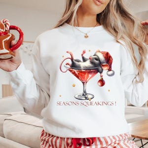 Seasons Squeakings Christmas Sweatshirt Cute Mouse in Cocktail Glass Jumper Fun Holiday Sweater Cozy White Winter Sweater Christmas Gift