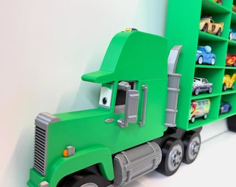 Green Truck Shaped Storage Shelf for Toy Cars, Holds 24-96 Cars, Realistic Truck Design, Wall Mounted Toy Cars Display