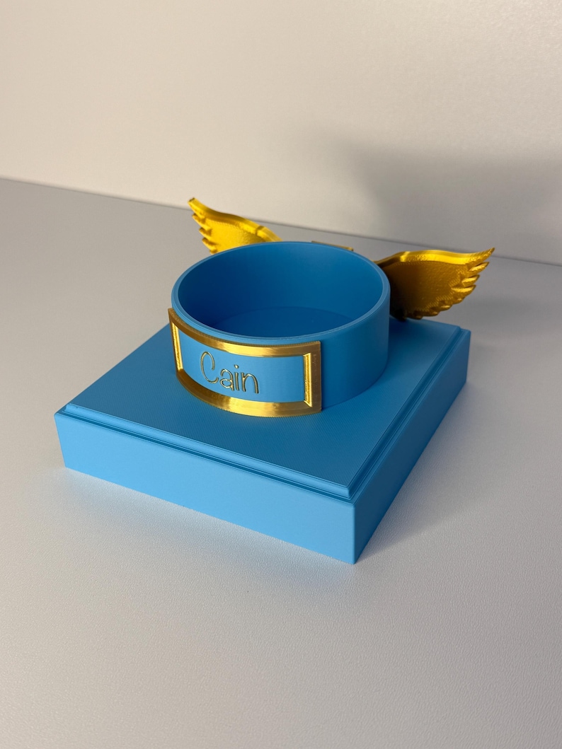May include: A light blue square base supports a circular blue ring holder featuring a gold-colored nameplate with the text "Cain" embossed in the center. Two gold-colored wings extend from the sides of the circular holder, adding detail.