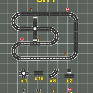 May include: A diagram of a city road network with the word "CITY" in yellow at the top. The road layout includes straight sections, curves, and intersections, with stop signs and traffic lights. Additional road pieces are shown below.