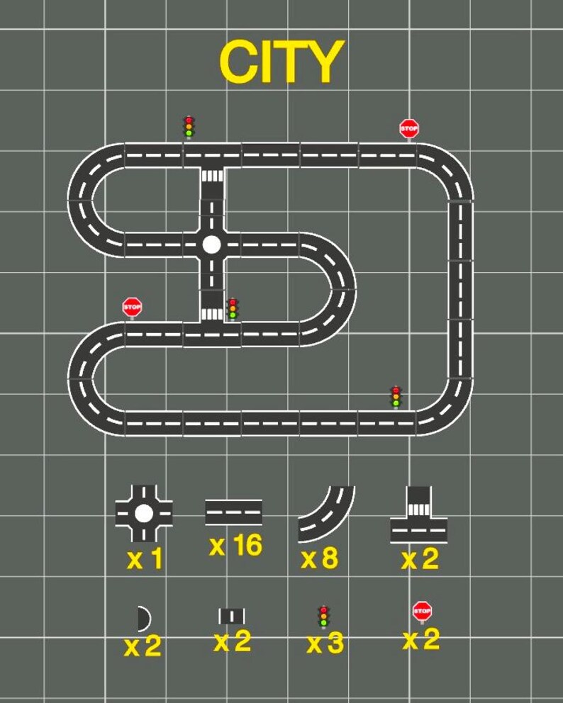 May include: A diagram of a city road network with the word "CITY" in yellow at the top. The road layout includes straight sections, curves, and intersections, with stop signs and traffic lights. Additional road pieces are shown below.
