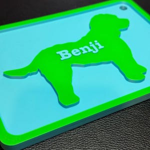 May include: A green dog silhouette with the name "Benji" on a light blue background. The dog silhouette is raised from the background and has a green border.