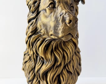 Large Border Collie Bust 12 inches / 30.5cm | Gold Finish | Dog Sculpture | 3D Printed Pet Decor