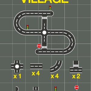 May include: A graphic illustration of a village road system with various road pieces, traffic lights, and stop signs. The word "VILLAGE" is displayed in yellow at the top. Includes straight, curved, and intersection road segments.