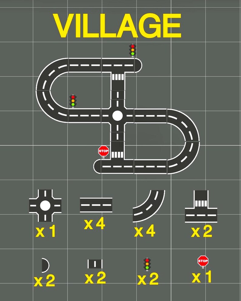 May include: A graphic illustration of a village road system with various road pieces, traffic lights, and stop signs. The word "VILLAGE" is displayed in yellow at the top. Includes straight, curved, and intersection road segments.