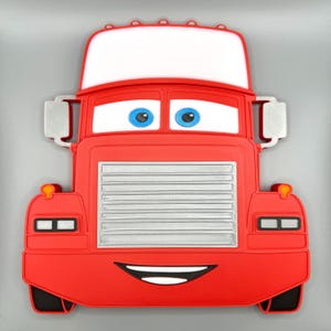 May include: A red cartoon truck-shaped item with a white top, blue eyes, and a smiling mouth. The truck has silver-colored details on the front and side mirrors. The item is designed to resemble a friendly character.