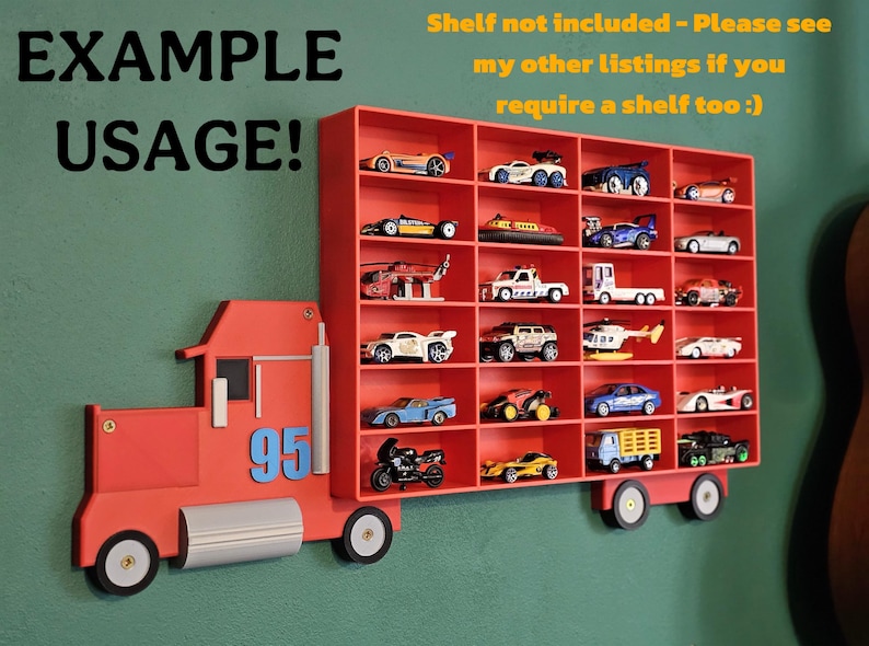 Red truck with wheels displayed around a red shelf, showcasing an example usage. Shelf not included, truck and wheels designed to fit custom shelving or other creative uses.