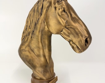 Large Horse Bust 12 inches / 30.5cm | Gold Finish | Horse Sculpture | 3D Printed Pet Decor