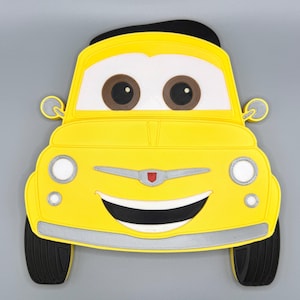 May include: A yellow cartoon car with a smiling face, large eyes, and black tires. The car has a black top and silver accents. The car's design is reminiscent of a classic Fiat.