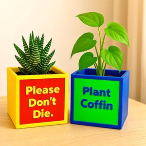 Puede incluir: Dos macetas de colores con plantas. La maceta de la izquierda es amarilla, roja y amarilla con el texto "Please Don't Die." La maceta de la derecha es azul, verde y azul con el texto "Plant Coffin."