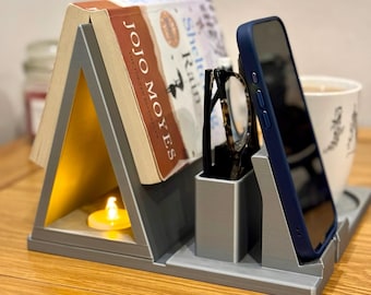 Multi-function Book Rest for Bedside | Tablet & Phone Holder | Nightstand Organiser with Pen and Glasses Storage | Doubles as Nightlight