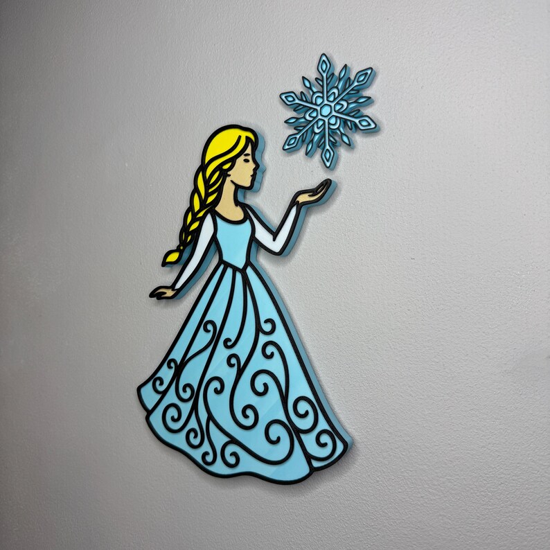 May include: A cartoon illustration of a woman in a light blue dress with a black outline, holding a blue snowflake. The woman has blonde hair in a braid. The dress has a decorative swirl design.
