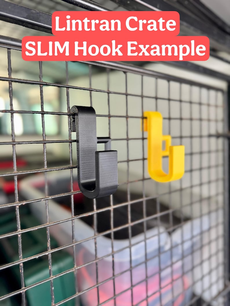 2 Slim 20mm design hooks attached to a black lintran crate with square holes