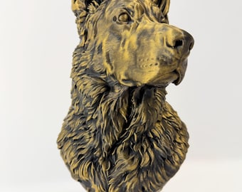 Large German Shepherd Bust 12 inches / 30.5cm | Gold Finish | Dog Sculpture | 3D Printed Pet Decor