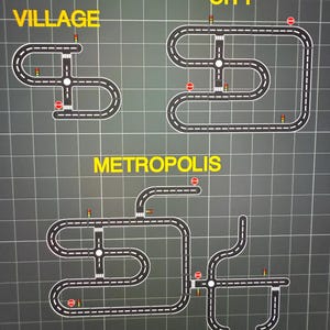May include: A graphic of three road layouts labeled "Village", "City", and "Metropolis". Each layout features roads with stop signs, traffic lights, and intersections, all set against a grid background. The text is in yellow.