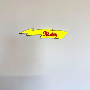 May include: A yellow lightning bolt-shaped graphic with the word "Stankey" in red script. The graphic is set against a plain, light gray background.