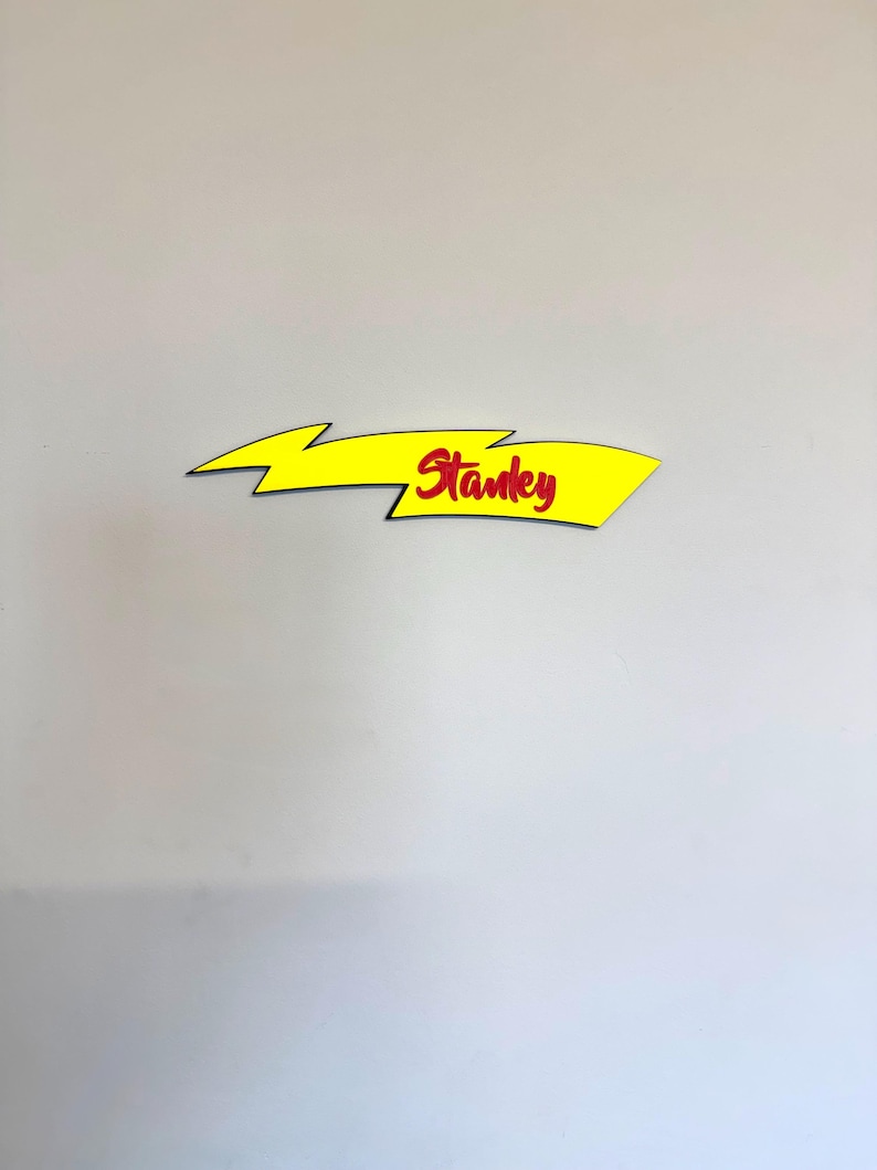 May include: A yellow lightning bolt-shaped graphic with the word "Stankey" in red script. The graphic is set against a plain, light gray background.