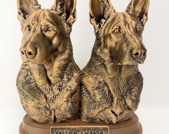 Large Duo German Shepherd Bust 12 inches / 30.5cm | Gold Finish | Dog Sculpture | 3D Printed Pet Decor