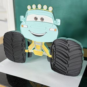Op de afbeelding: Een lichtblauw monstertruckspeelgoed met grote zwarte banden en een geel chassis. De truck heeft een lachend gezicht en een rij gele lampjes bovenop. Het speelgoed is ontworpen om eruit te zien als een stripfiguur.