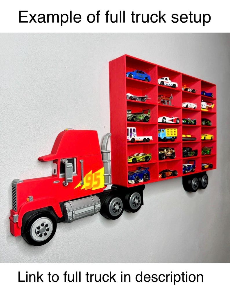 May include: A red truck-shaped wall shelf with multiple compartments, each holding a miniature toy car. The truck features a red cab with the number 95 and a trailer with several shelves. The text "Example of full truck setup" and "Link to full truck in description" are visible.