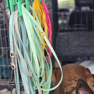 Green 3D-printed hooks attached to a dog crate, holding multiple colourful longlines in blue, yellow, and pink. A Belgian Malinois dog is partially visible in the foreground inside the crate.