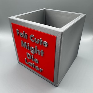 May include: A square, gray container with a red panel. The red panel features the phrase "Felt Cute Might Die Later" in raised, silver lettering. The container has a textured appearance.