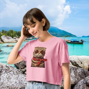 Retro Cat Crop Top – Cute Scottish Cat Shirt – Comfy Summer Graphic Tee