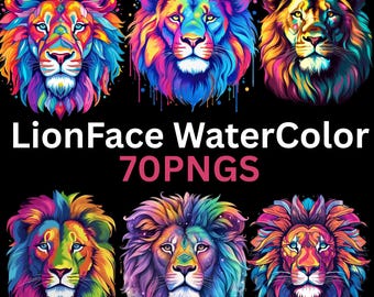 70 Löwengesicht Aquarell PNG Bündel | Majestätisch Dschungel Tier Clipart | Wild Safari Löwe PNGs | Löwenkopf-Kunst für T-Shirts, Tassen & Wanddrucke
