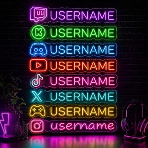 May include: Neon signs in various colors, including purple, green, blue, red, pink, and yellow, display the word "USERNAME" with social media platform logos. The signs are arranged against a dark brick wall, with a neon lightning bolt and headphones in the background.